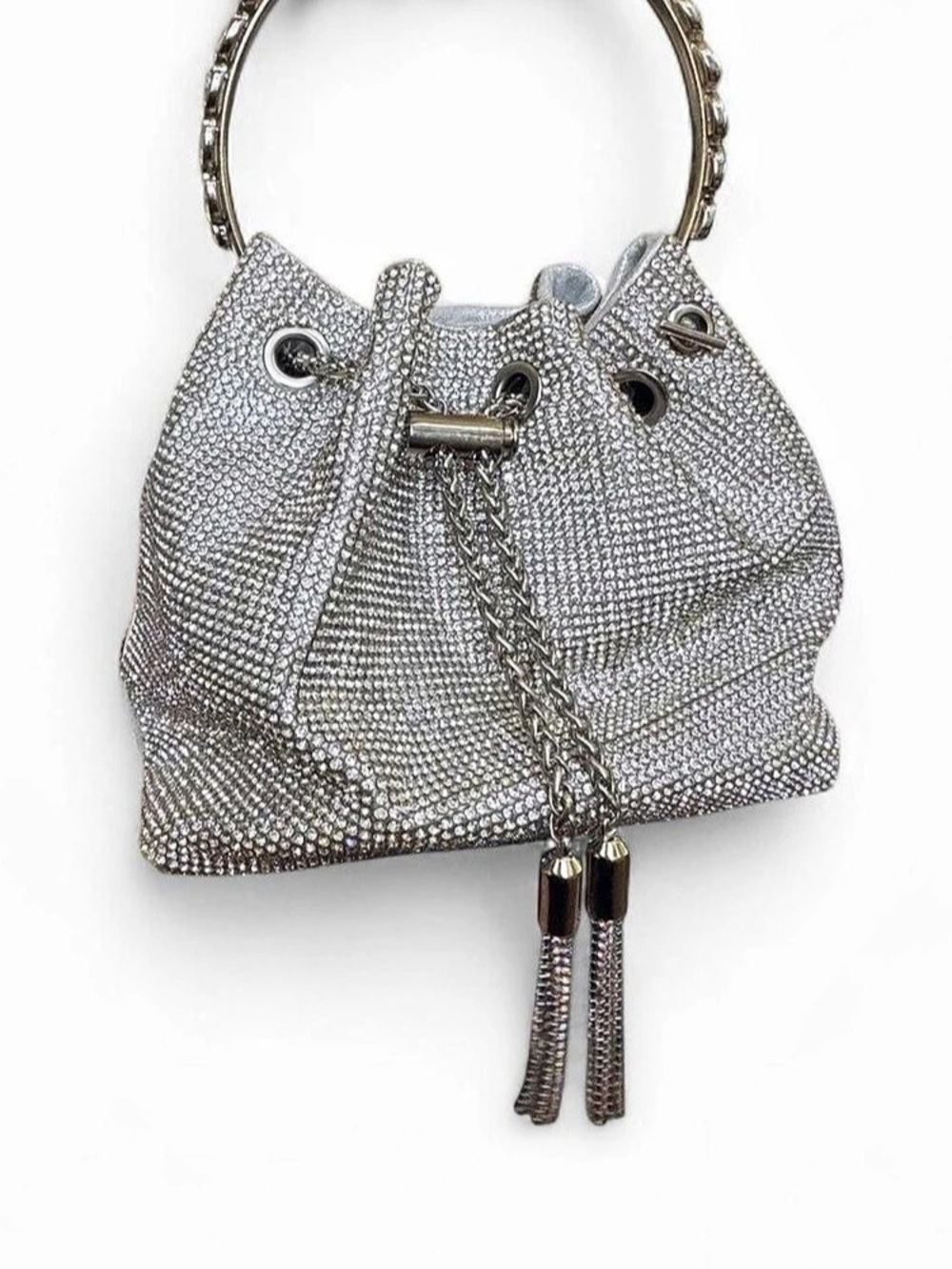 Silver Rhinestone Crystal Bucket Bag Jeweled Handle Chain Strap